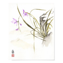 Orchidee naast de oude rots Chinese penseel kunst