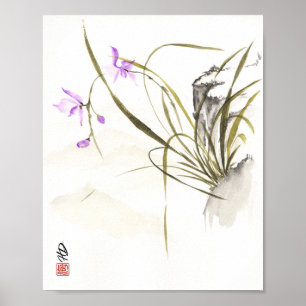 Orchidee naast de oude rots Chinese penseel kunst Poster