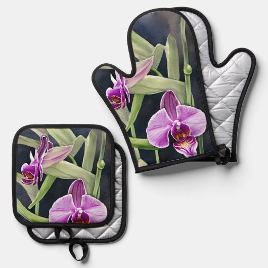Orchidee Oven Mitt en Pot Holder set (Voorkant / Achterkant)