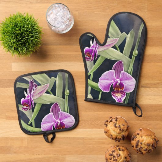 Orchidee Oven Mitt en Pot Holder set (Top down)