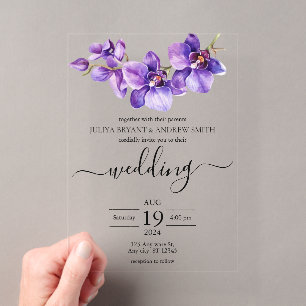 Orchidee paars en wit Script bruiloft Acryl Uitnodigingen