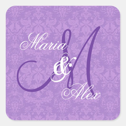 Orchidee Paarse Damask Bruiloft Monogram S530A Vierkante Sticker (Voorkant)