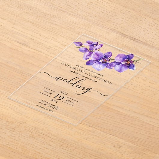Orchidee paarse en witte Script bruiloft Acryl Uitnodigingen (Laagn)