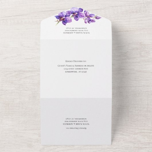 Orchidee paarse en witte Script bruiloft All In One Uitnodiging (Buitenkant)