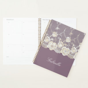 Orchidee Paarse Witte kant Bloemen Planner