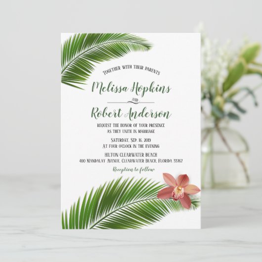 Orchidee & Palmblad Tropische Bloemen Bruiloft Uit Kaart (Staand voorkant)