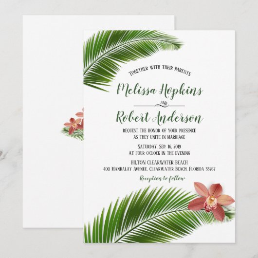 Orchidee & Palmblad Tropische Bloemen Bruiloft Uit Kaart (Voorkant / Achterkant)