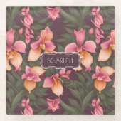 Orchidee Retro Kleurrijk Gepersonaliseerd Patroon Glazen Onderzetter (Voorkant)