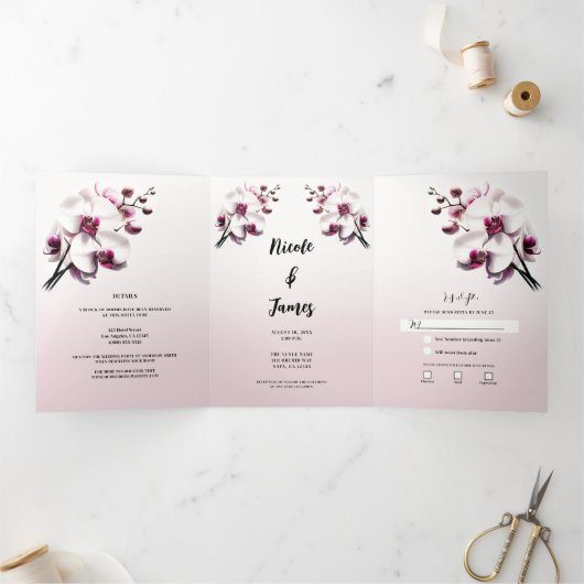 Orchidee Roze & Witte Bruiloft Drieluik Uitnodiging (Binnen)