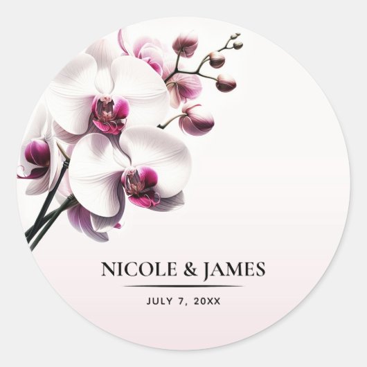 Orchidee Roze & Witte Bruiloft Ronde Sticker (Voorkant)