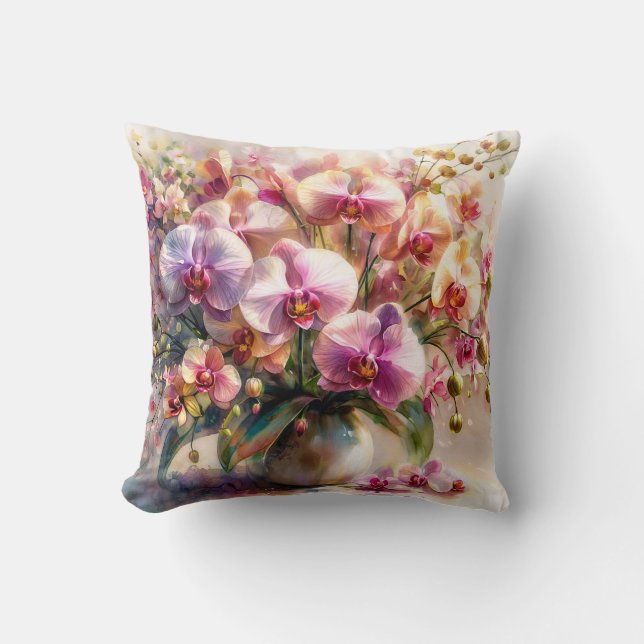 Orchidee Watercolor Bloemstuk Kussen (Voorkant)