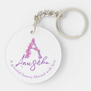 Orchidee waterverf A monogram Anushka naam beteken Sleutelhanger