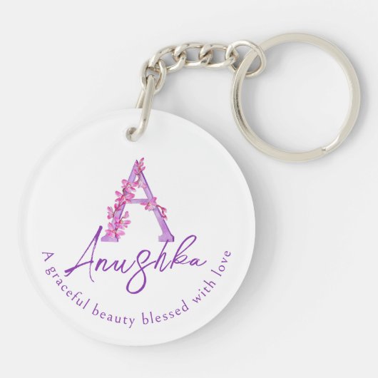 Orchidee waterverf A monogram Anushka naam beteken Sleutelhanger (Achterkant)