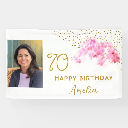 Orchidee Waterverf Gold Glitter 70e Verjaardag Fot Spandoek (Horizontaal)