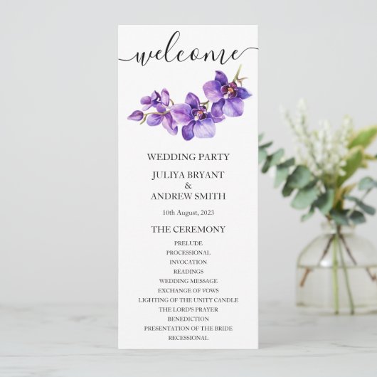 Orchidee wit script bruiloft Programmakaart (Staand voorkant)