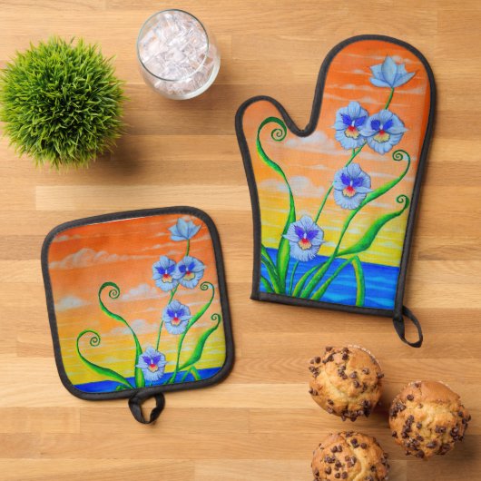 Orchidee zonsondergang ovenwant & pannenlap set (Top down)