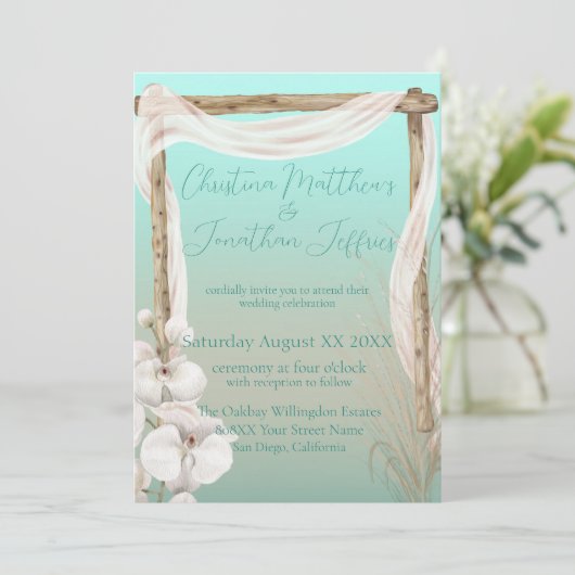 Orchideeën en Boho Arch op het strand bruiloft Kaart (Staand voorkant)