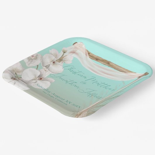 Orchideeën en Boho Arch op het strand bruiloft Papieren Bordje (Gebogen)