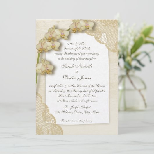 orchideeën en kant bruiloft kaart (Staand voorkant)