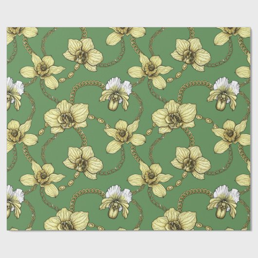 Orchideeën en kettingen, geel en geelgroen cadeaupapier (Vlak)