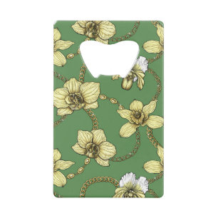 Orchideeën en kettingen, geel en geelgroen creditkaart flessenopener