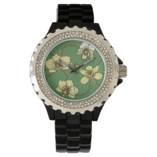 Orchideeën en kettingen, geel en geelgroen horloge