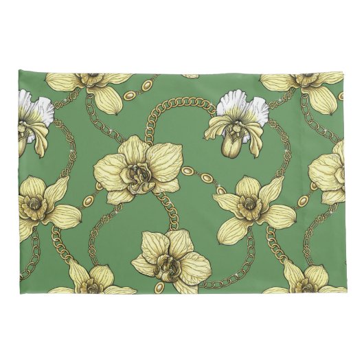 Orchideeën en kettingen, geel en geelgroen kussensloop (Achterkant-Rechts)