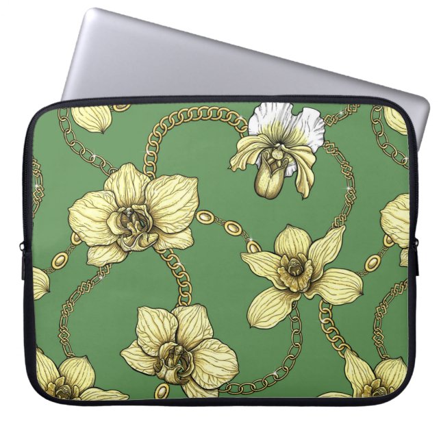Orchideeën en kettingen, geel en geelgroen laptop sleeve (Voorkant)