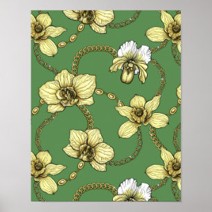 Orchideeën en kettingen, geel en geelgroen poster