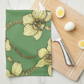 Orchideeën en kettingen, geel en geelgroen theedoek (Quarter Fold)