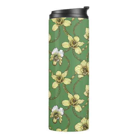 Orchideeën en kettingen, geel en geelgroen thermosbeker (Gedraaid links)