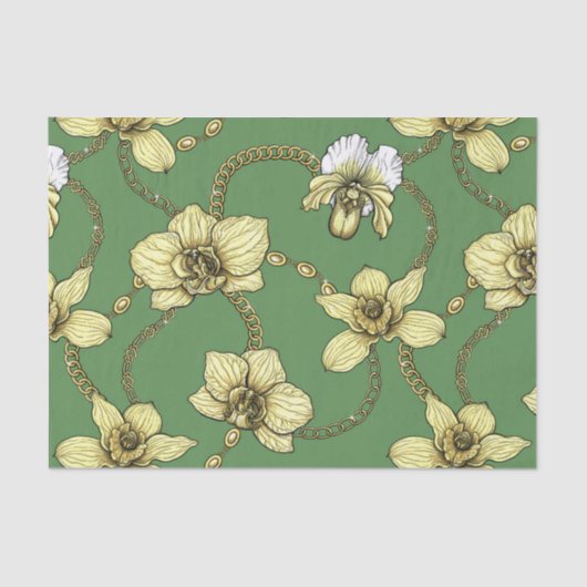 Orchideeën en kettingen, geel en geelgroen tissuepapier (Voorkant)