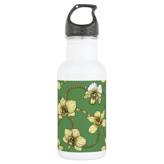 Orchideeën en kettingen, geel en geelgroen waterfles (Voorkant)