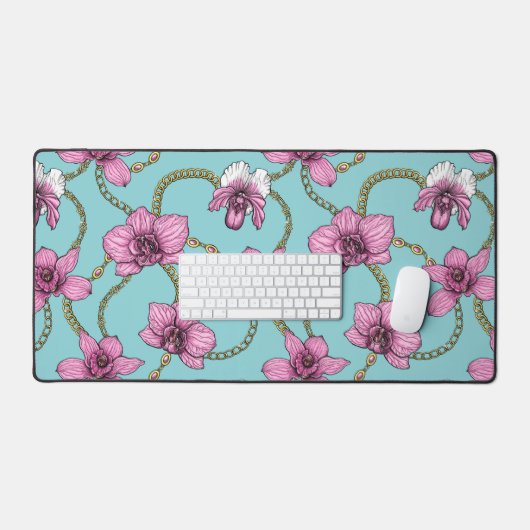 Orchideeën en kettingen, roze en blauw bureaumat (Keyboard & Muis)