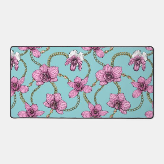 Orchideeën en kettingen, roze en blauw bureaumat (Voorkant)