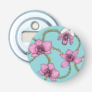 Orchideeën en kettingen, roze en blauw button flesopener