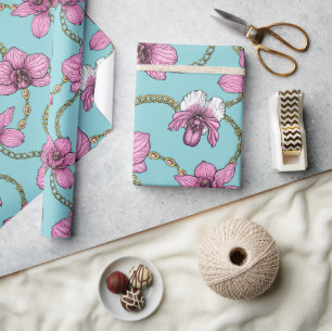 Orchideeën en kettingen, roze en blauw cadeaupapier