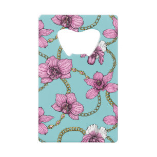 Orchideeën en kettingen, roze en blauw creditkaart flessenopener