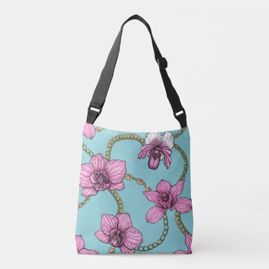 Orchideeën en kettingen, roze en blauw crossbody tas (Voorkant)
