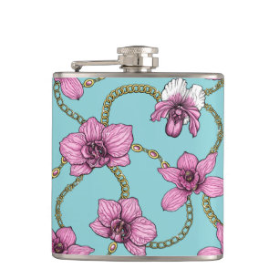 Orchideeën en kettingen, roze en blauw heupfles