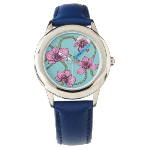 Orchideeën en kettingen, roze en blauw horloge