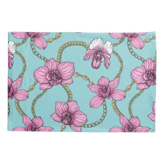 Orchideeën en kettingen, roze en blauw kussensloop (Achterkant-Links)
