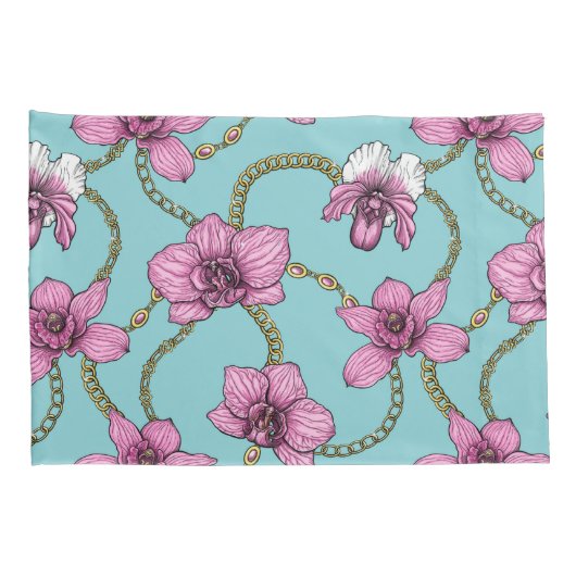 Orchideeën en kettingen, roze en blauw kussensloop (Achterkant-Rechts)