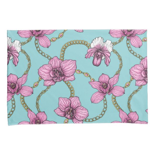 Orchideeën en kettingen, roze en blauw kussensloop (Voorkant-Rechts)