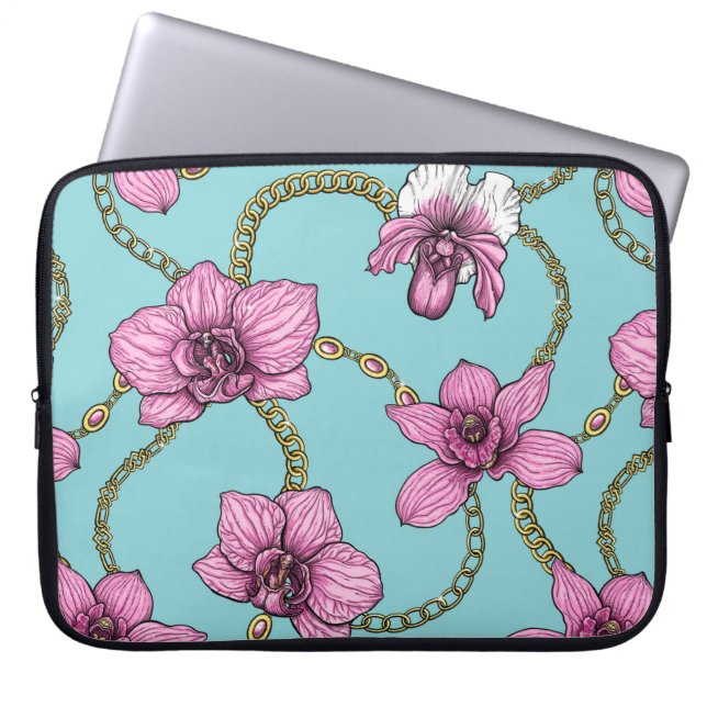 Orchideeën en kettingen, roze en blauw laptop sleeve (Voorkant)
