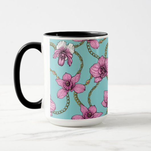 Orchideeën en kettingen, roze en blauw mok (Links)