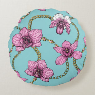 Orchideeën en kettingen, roze en blauw rond kussen