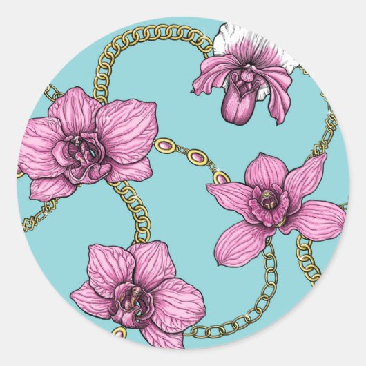 Orchideeën en kettingen, roze en blauw ronde sticker (Voorkant)