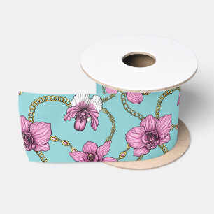 Orchideeën en kettingen, roze en blauw satijnen lint