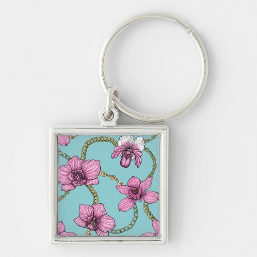 Orchideeën en kettingen, roze en blauw sleutelhanger (Voorkant)